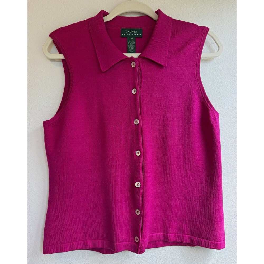 Lauren Ralph Lauren Women's M Pink Collared Button Front Knit Stretch Top